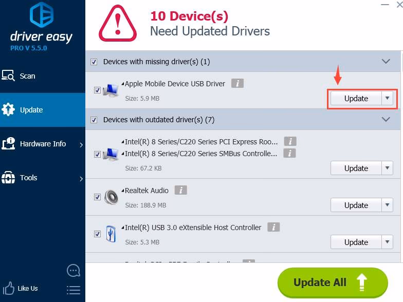 How do I update the USB driver for my iPhone?