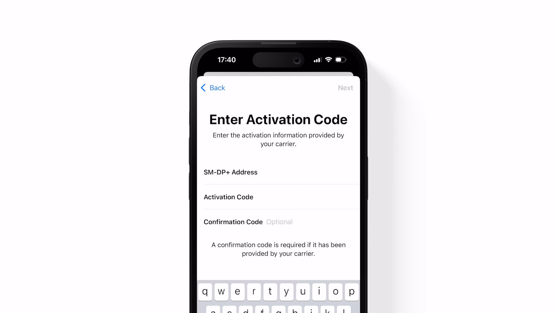 How do I enter my SM-DP+ activation code?