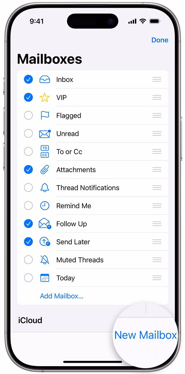 How do I create a new mailbox on my iPhone?