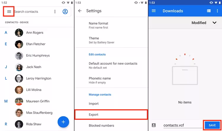 How do I export contacts on my Android phone?