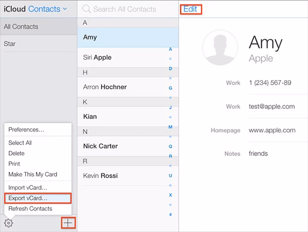 How do I sync contacts to iCloud?
