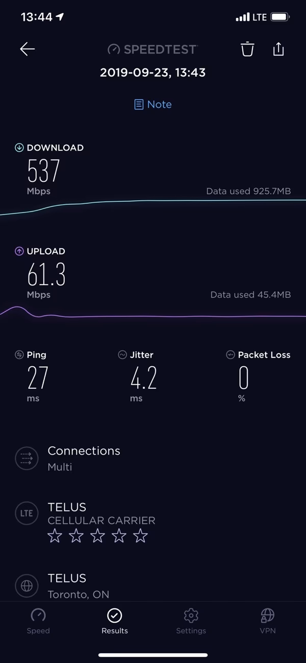 How fast is iPhone 11 Pro wifi vs Note 10+?