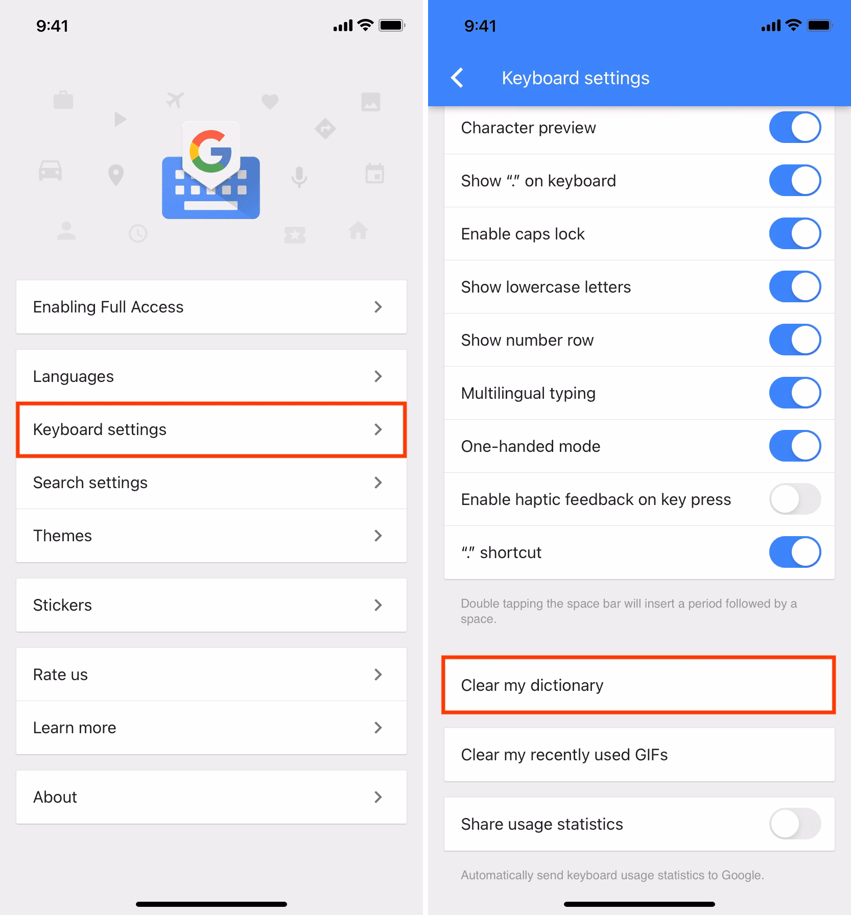 How to reset keyboard dictionary on iPhone?
