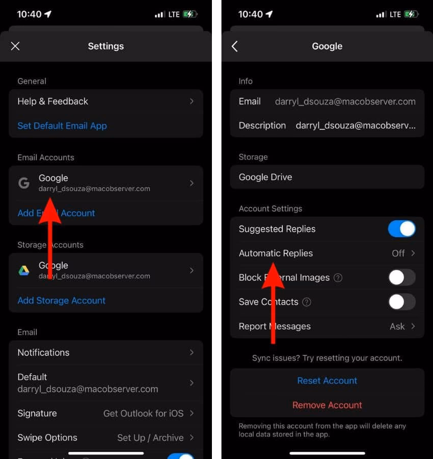 Can I set an out of office email reply on my iPhone?