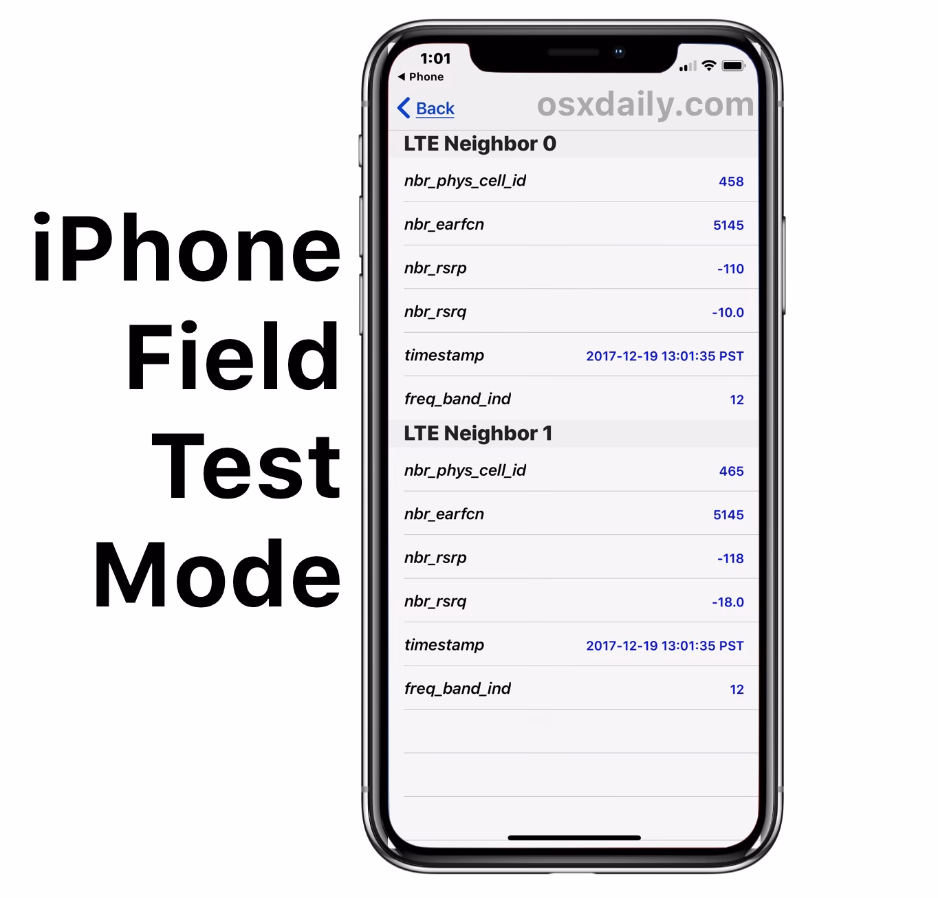 How do I find the hidden field test mode menu in iOS?