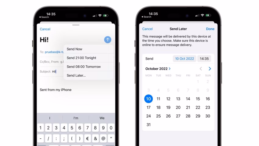 How do I schedule an email for sending later in iOS 16?